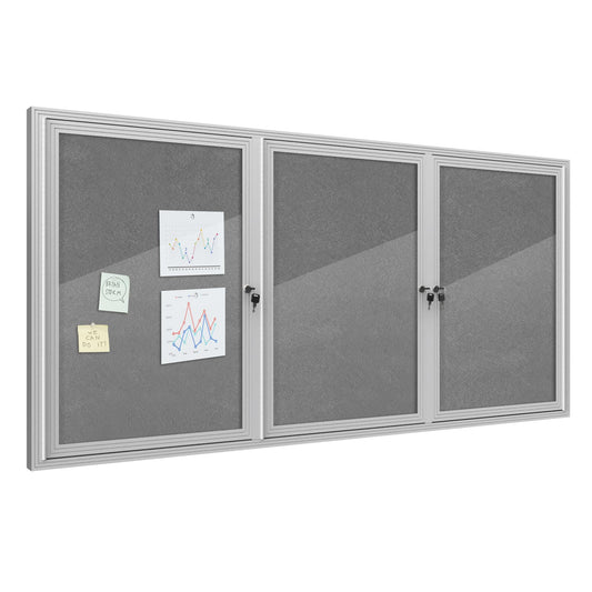 Mifuro 70"x34" Enclosed Bulletin Board, Outdoor Lockable Weather-Resistant Aluminum Cork Noticeboard for School & Office, Silver Frame w/Grey Flet