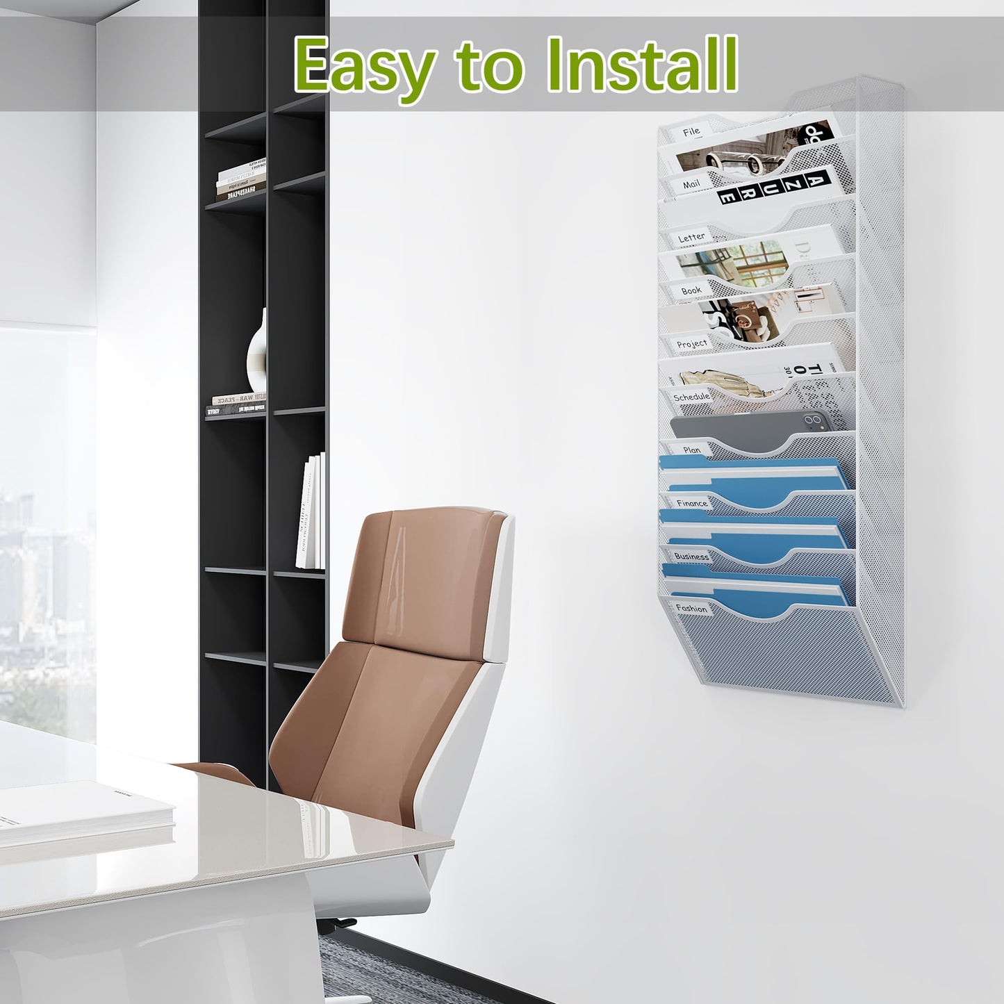 EasyPAG 10 Pocket Mesh Wall File Organizer, Hanging Paper Folder Holder with Classify Label, Vertical Wall Mount Mail Organizer for Office Home Classroom, White