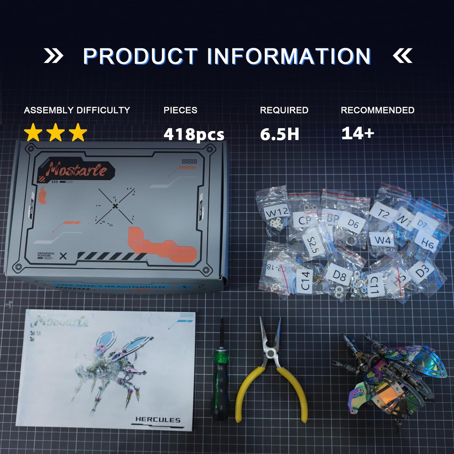 Mostarle Hercules Beetle 3D Metal Puzzle Kit for Adults, 418 PCS DIY Cyberpunk Mechanical Model with Fiber Optic Lights, Gradient Wings, Collectible Insect Building Kit Gift