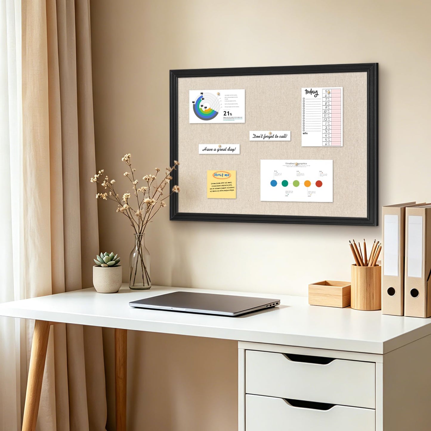 DOLLAR BOSS Linen Bulletin Board 36" x 24", Decorative Cork Boards for Walls with White Wood Frame, Premium Fabric Pin Board for Office, Home & School Room Decor, Black