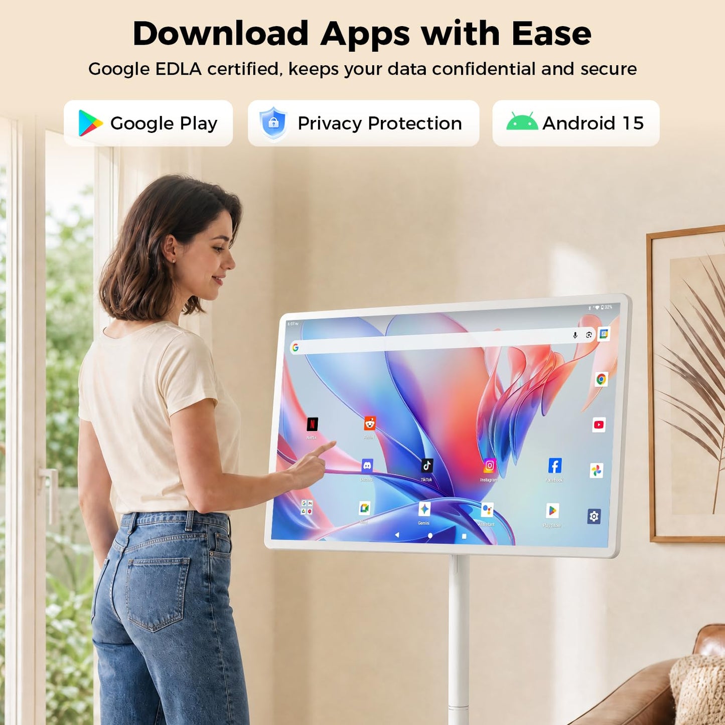 32" Portable Smart Touchscreen Tablet TV on Wheels, Android 15 OS Mobile Smart Display with Google EDLA Certification, 8GB+128GB, Built-in Battery, 2K Camera, Wireless Casting, Rotating Rolling Stand