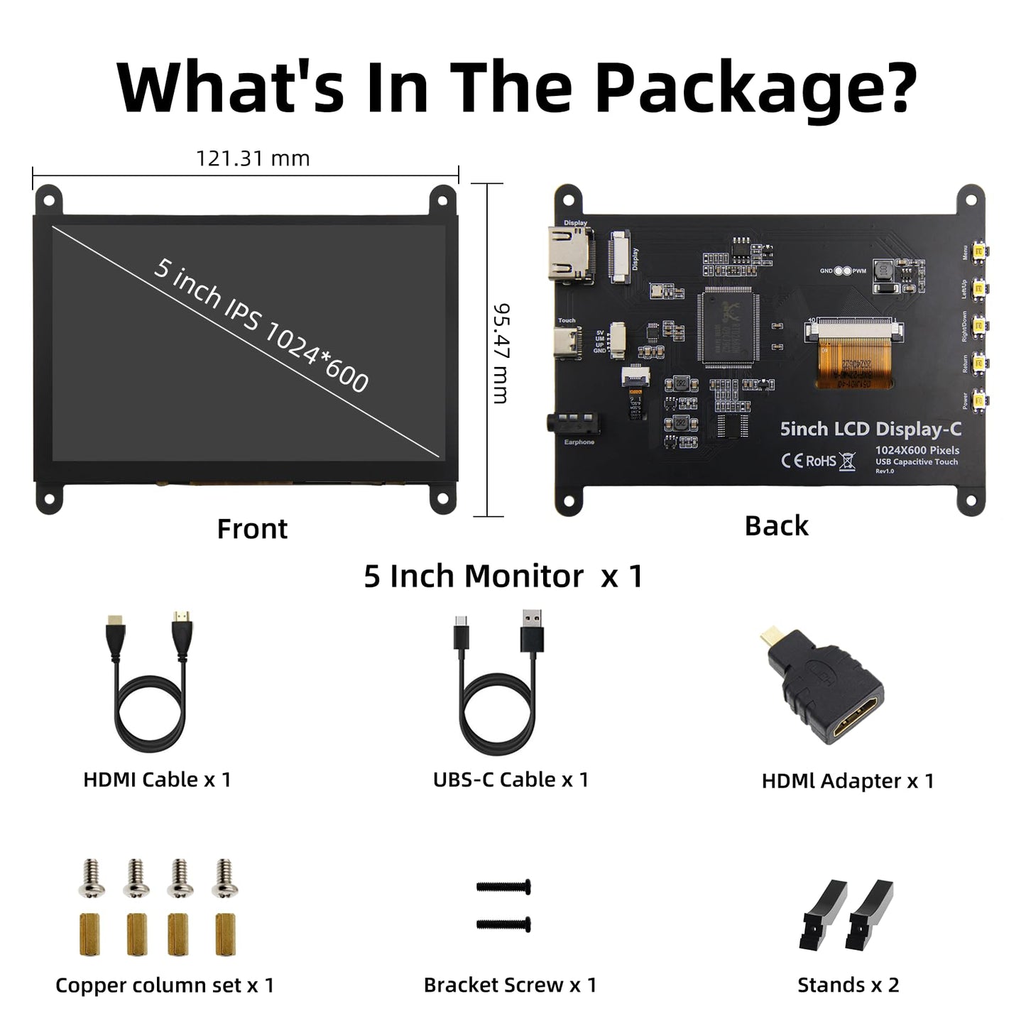 iPistBit 5 Inch LCD Touch Screen, 1024x600 IPS Display with Stand, HDMI Portable Monitor for Raspberry Pi 5/4B/3B+/3B/B+/Zero/400, BB Black, Windows 10 8 7, Free Driver