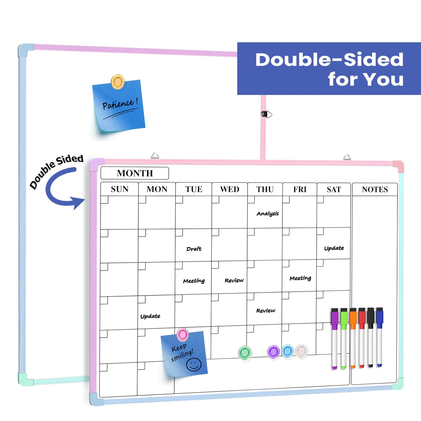 Lumspax Monthly Whiteboard Calendar for Wall, 24" x 18" Dry Erase Board with Plastic Frame, Hanging Dry Erase Calendar with 3 Mini Sticky Notes for Kitchen Planner, Memo, Home and Office, Colorful