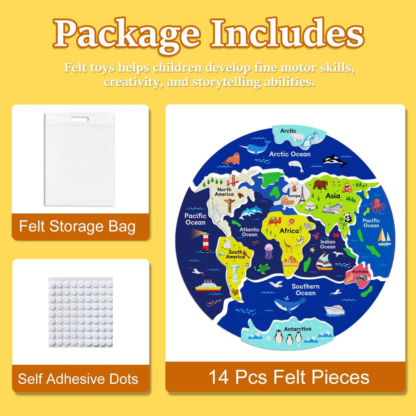 Ai fsem 15 Pcs Continents Puzzle for Kids Felt Story Board Pieces Flannel Board for The Classroom Learning Globe World Map Puzzle for Toddlers
