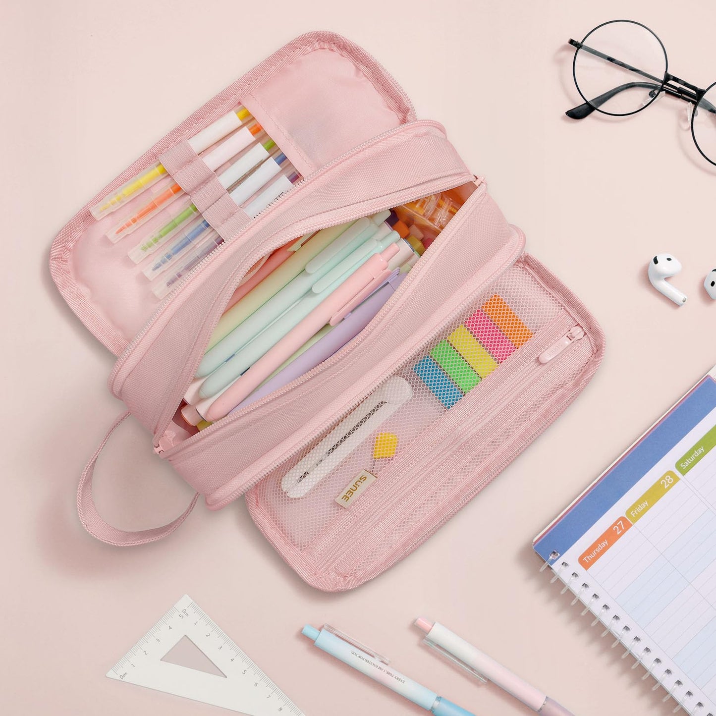 SUNEE Large Capacity Pencil Case with 3 Compartment, Extra Big Pencil Pouch, Pencil Bag with Zipper, Cute High Stationery Organizer, Oxford Pen Box School Supplies for Student Teen Girls Boys, Pink