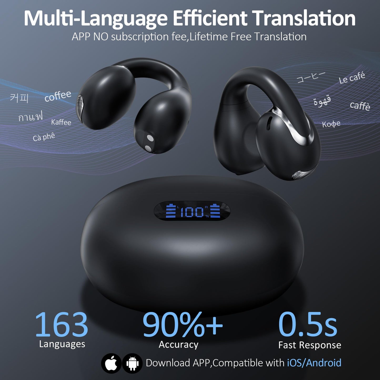 IAMJOY AI Language Translation Earbuds Real Time, Language Translator Earbuds Open Ear Clip-On Design, 163 Language & Accents Two-Way Translator Device with APP for Travel Learning Business, Black