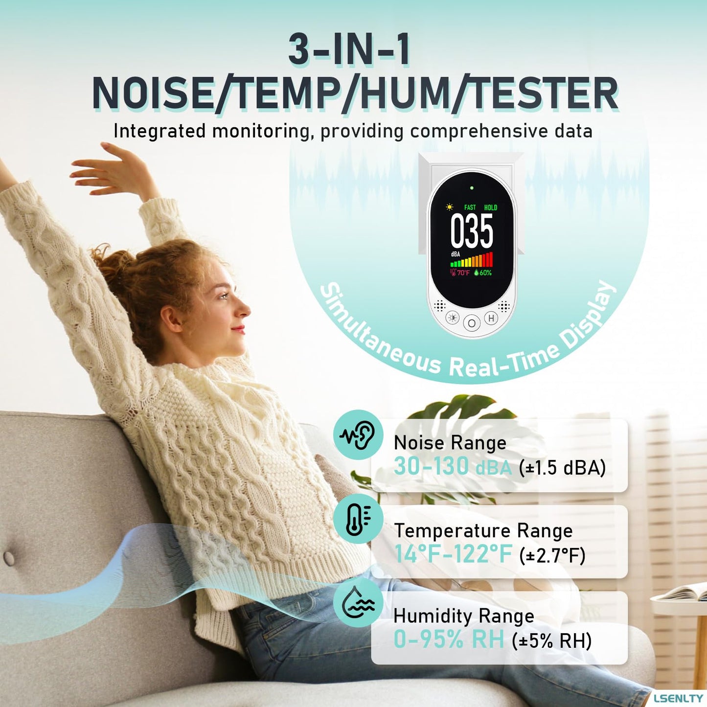 LSENLTY Decibel Meter Plug-in Wall, 30-130dBA Sound Level Meter, Data Hold&Max/Min&Fast/Slow Response 3-in-1 Noise Detector(TEM&Humidity), A-Weighted Noise Measuring Device for Classroom Home Library