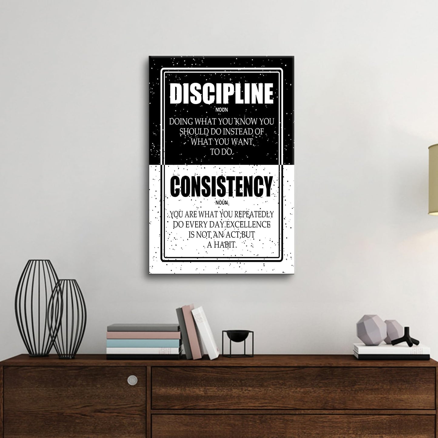 PSYYSP Discipline Consistency Framed Canvas Wall Art, Black and White Motivational Definition Poster, Inspirational Habit Typography Print for Home Office, Bedroom, Dorm, Study Room Decor, 18x12 Inch
