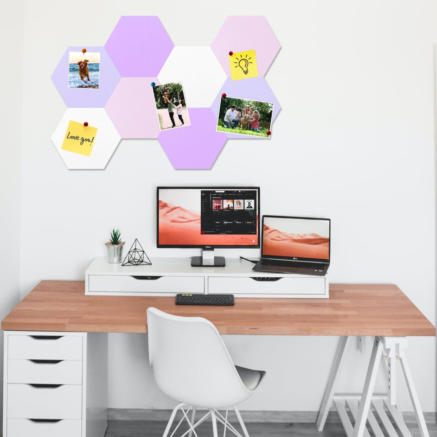 HULAVO 8 Pcs Hexagon Felt Cork Bulletin Board Tiles, Self Adhesive DIY Bulletin Board Pin Board for Office School Home Wall Decor Memos Photos Display(Purple & Pink)