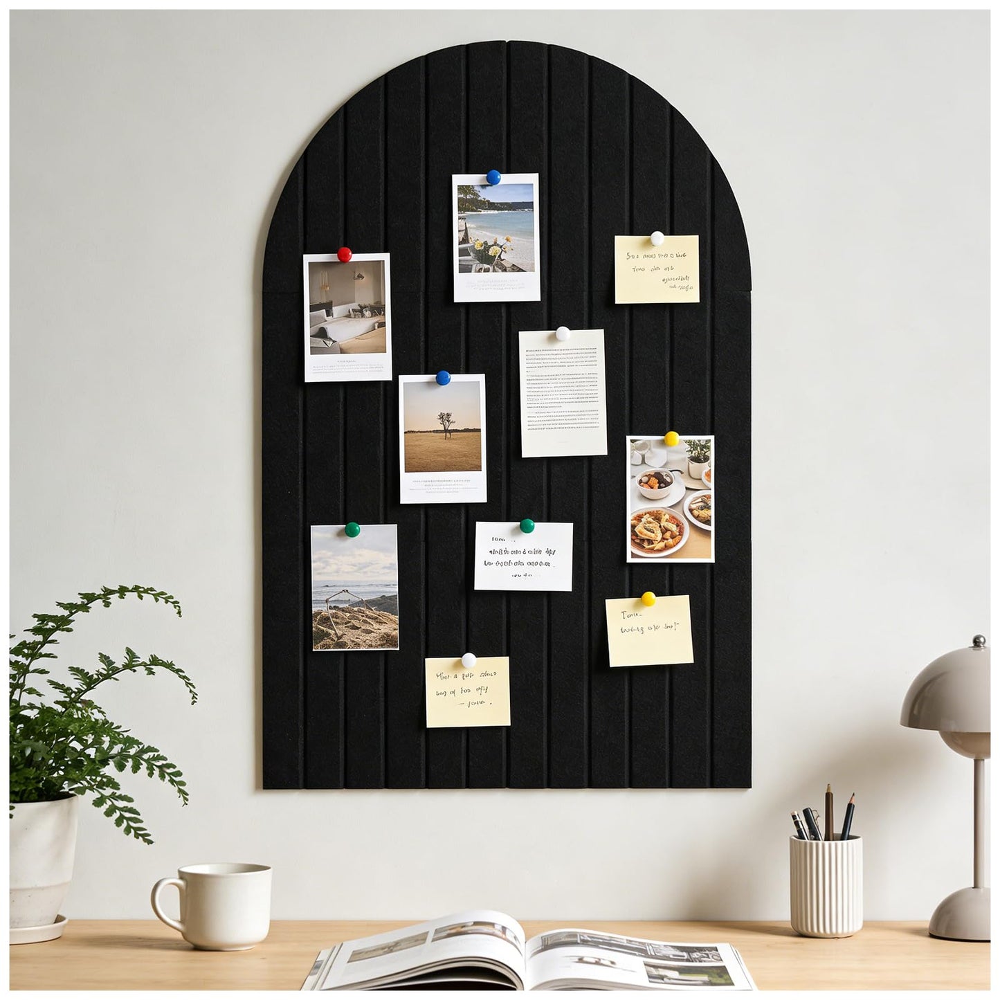 Sawnfay Arched Felt Bulletin Board(Black), 35"x24" Large Wall Decor, 6 Pcs Self-Adhesive Tiles with Push Pins, Felt Cork Board Alternative for Home Office Classroom