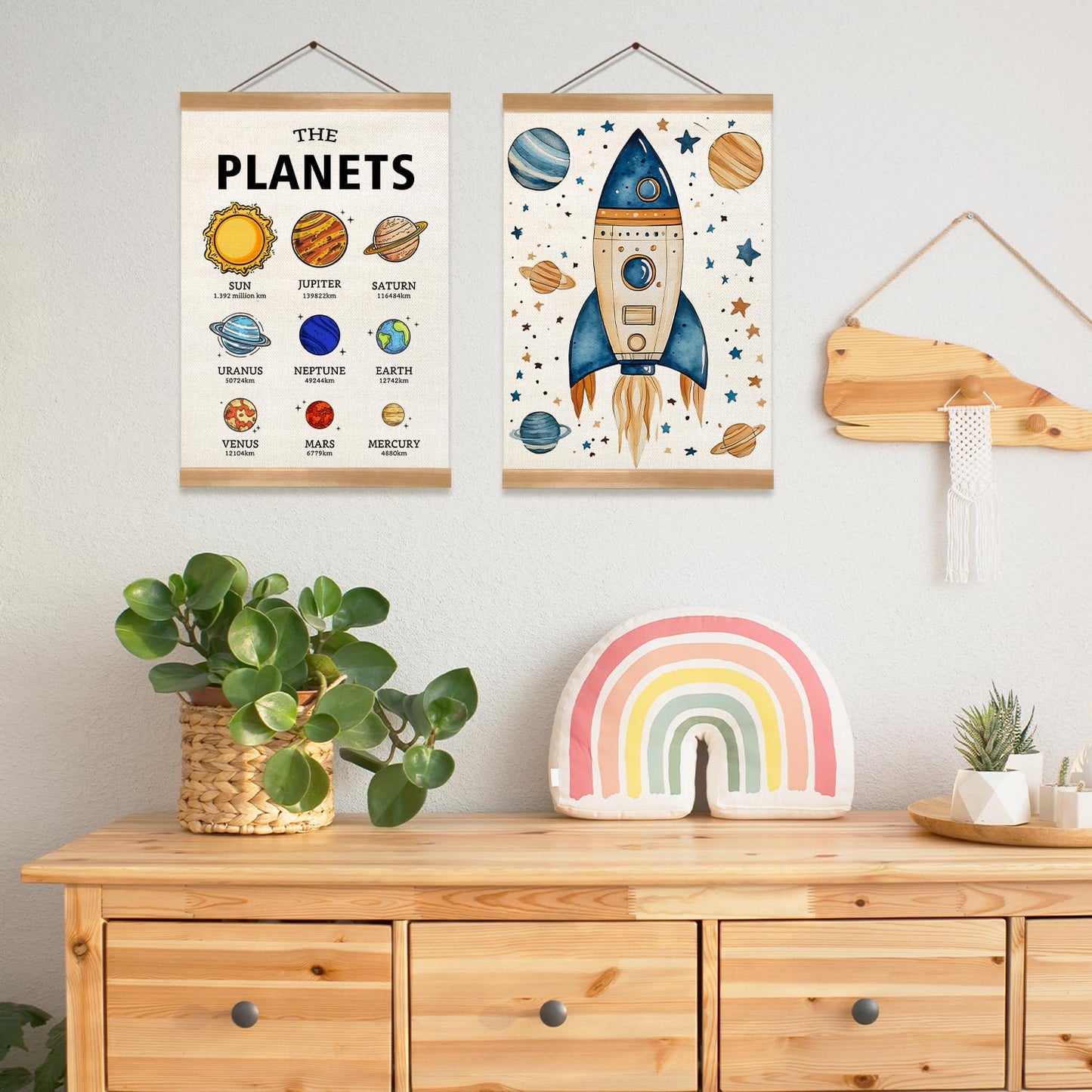 Solar System Poster Wall Art Set of 2, The Planets Wall Decor Wood Hanger, Space Classroom Decor, Outer Space Planets Poster for Boys and Girls Nursery, Bedroom, Playroom, Toddler and Kids Room Decoration12x16Inch(Solar system)