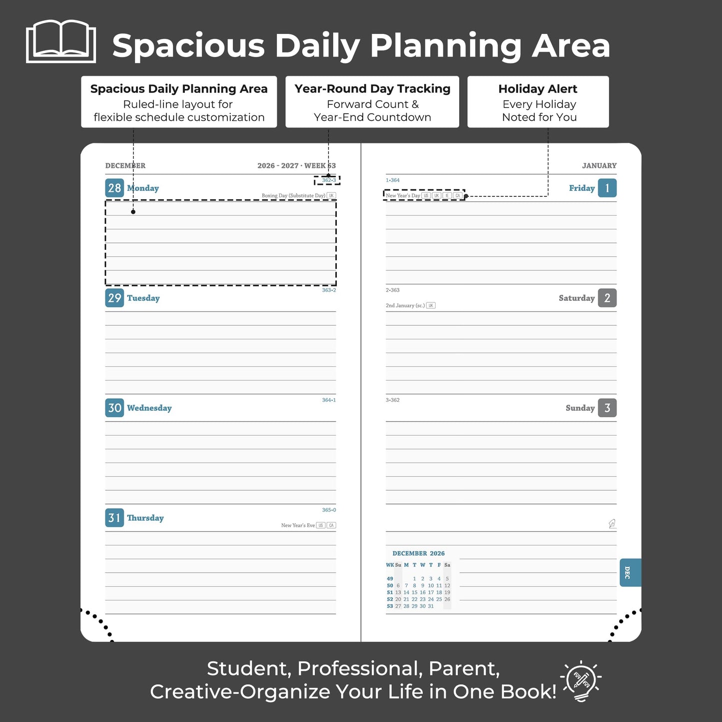 IN-LUXPRO Planner 2026-2027 Daily Weekly and Monthly,6.5"x3.75",18 Months Spiral Bound Calendar Agenda with Self-adhesive Pen Holder,2026 Academic Plan with Vegan Leather Soft Cover,Black