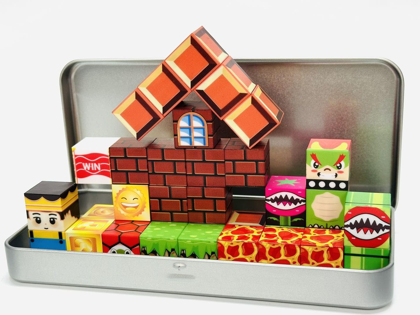 uMadeUs Magnetic Blocks Building Set - Puzzle Cubes as STEM Toys for Kids - Toddlers Sensory Construction Tiles - Ages 3+ Creative Educational Games for Boys and Girls - Mario 45pc in Tin Travel Box