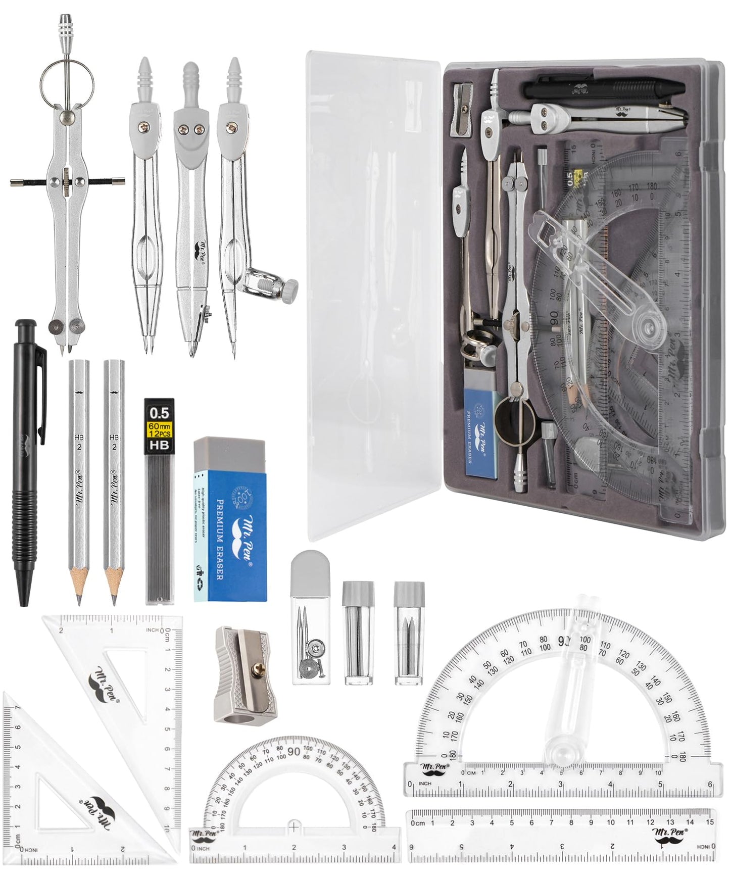 Mr. Pen- Geometry Set, 15 pcs, Light Grey, 6 Inch Swing Arm Protractor, Divider, Set Squares, Ruler, Compasses and Protractor