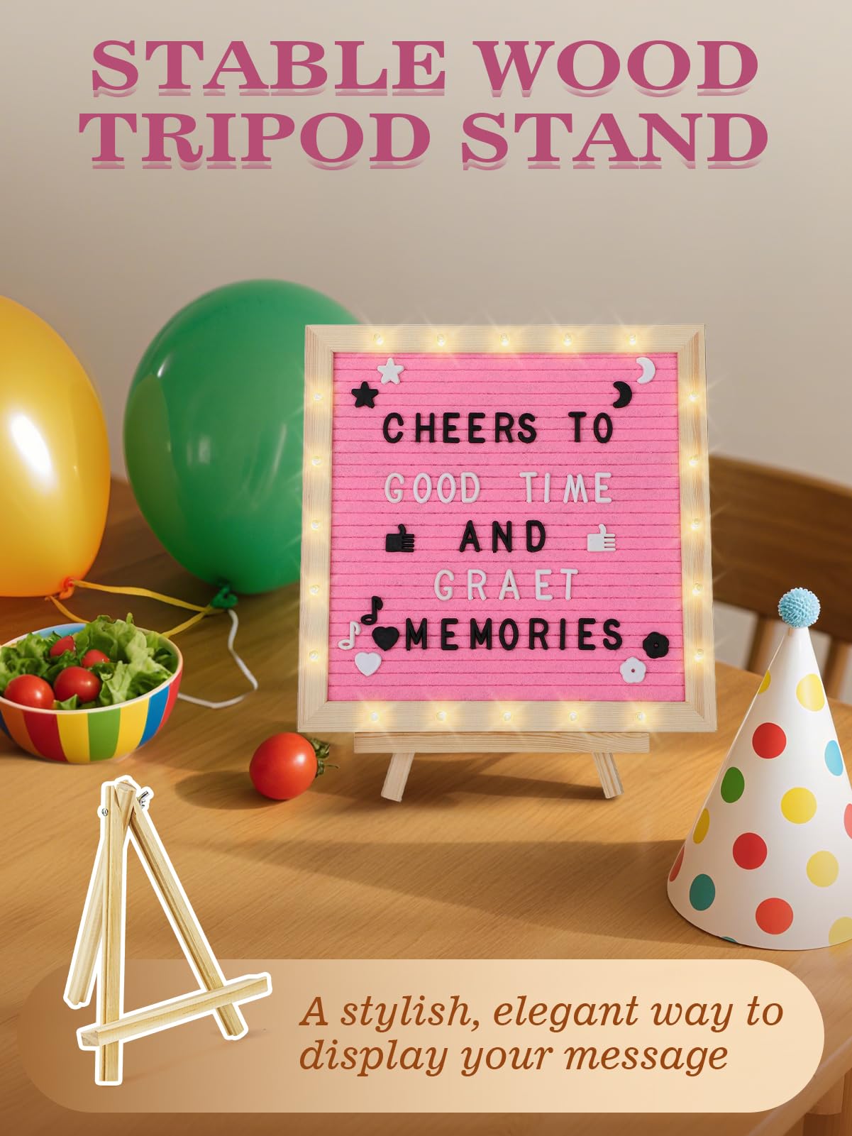 Changeable Felt Letter Board with LED Lights - 10''×10" Message Custom Signs & Wood Stand & 450 Letters, Poster Board for Baby/Pregnancy Announcement/Classroom Wall Decor Gifts, Pink