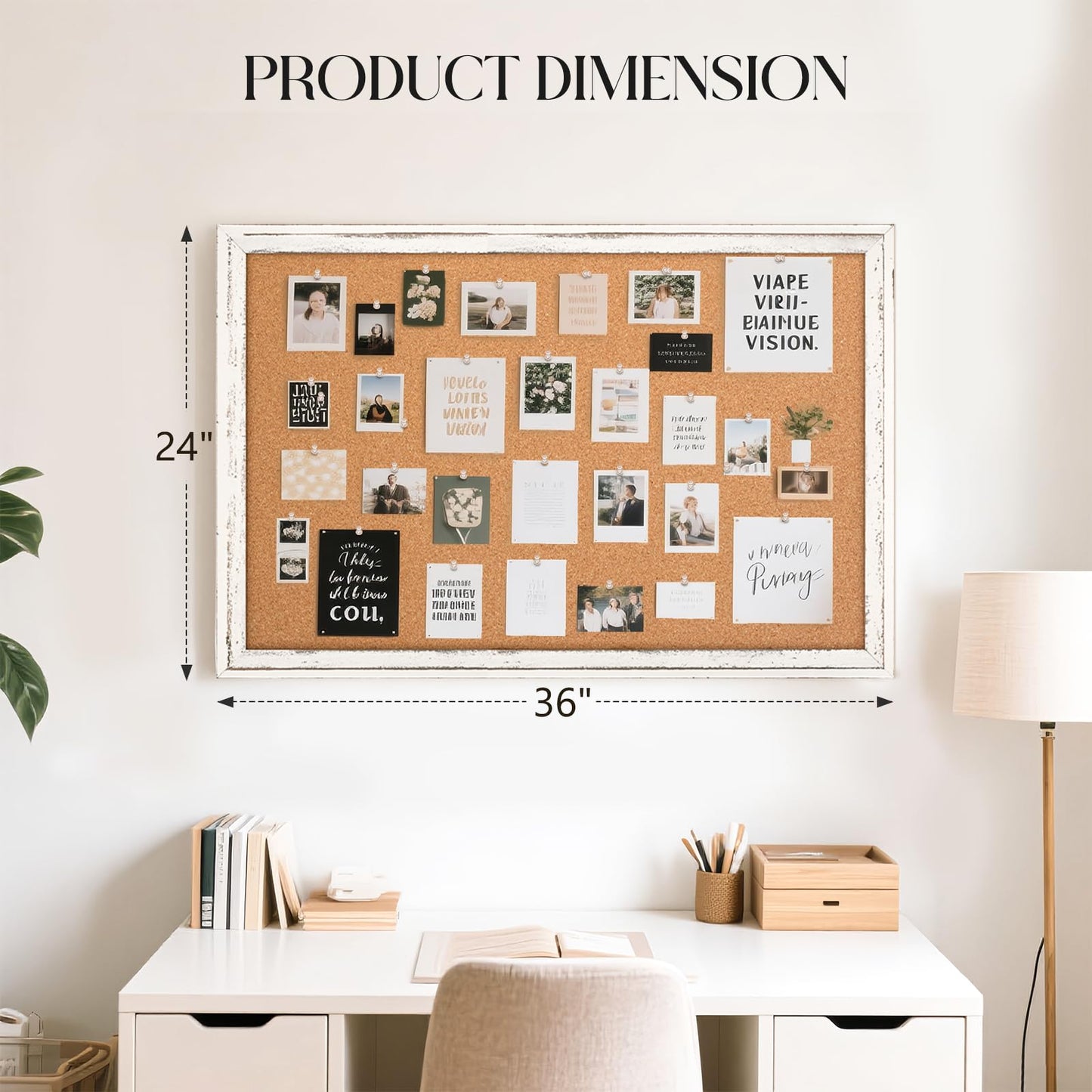 QUEENLINK Cork Board Bulletin Board, 36" x 24" Corkboard for Wall, Rustic White Wooden Frame, Hanging Pin Board for Home & Office Decor, 10 Push Pins