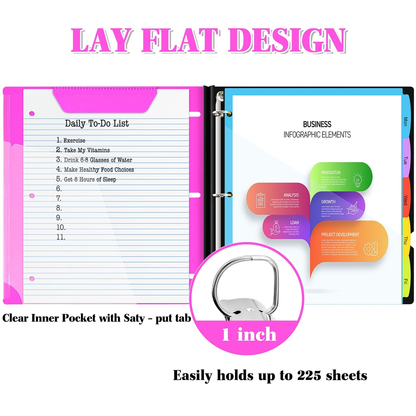 INFUN 1 Inch Telescoping Project Organizer Binder-2PCS,13 Pocket, Customizable Front Cover, 5 Colors Pocket Divider and Plastic Binder Pocket，225 Sheet Capacity-Pink
