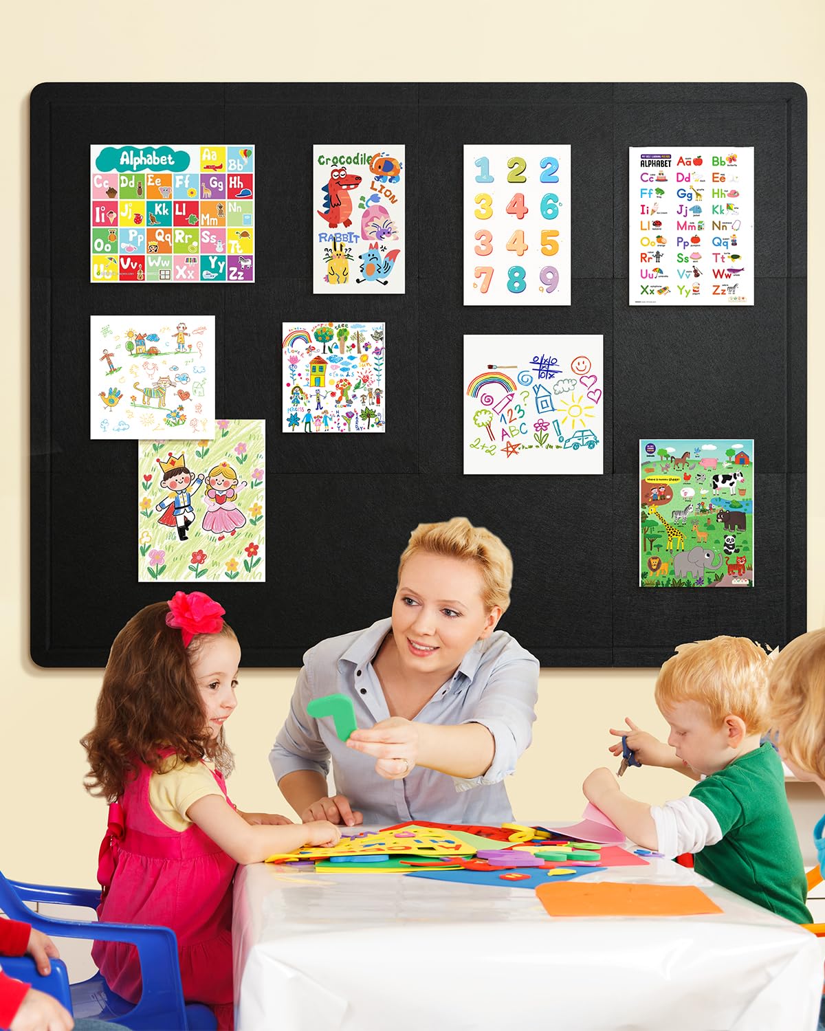 Woovio Bulletin Board, 48 x 36 inches Cork Board Alternative, 12 Pack 12"X12"X0.4" Felt Pin Boards for Walls Home Office Decor, Classroom with 60 Adhesive Tabs Black