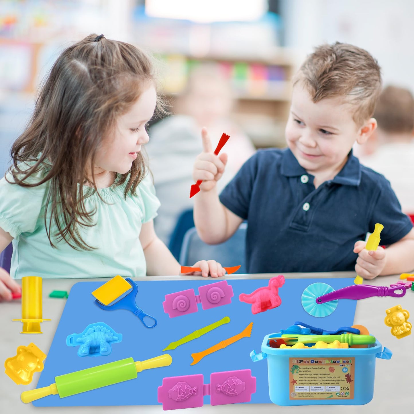 Dough Tool Set, 31 Pcs Basic Dough Tools Kits for Kids, Dough Accessories Includes Storage Container, Mat, 3D Animal, Cutters Roller, Rolling Pins, Safety Scissors
