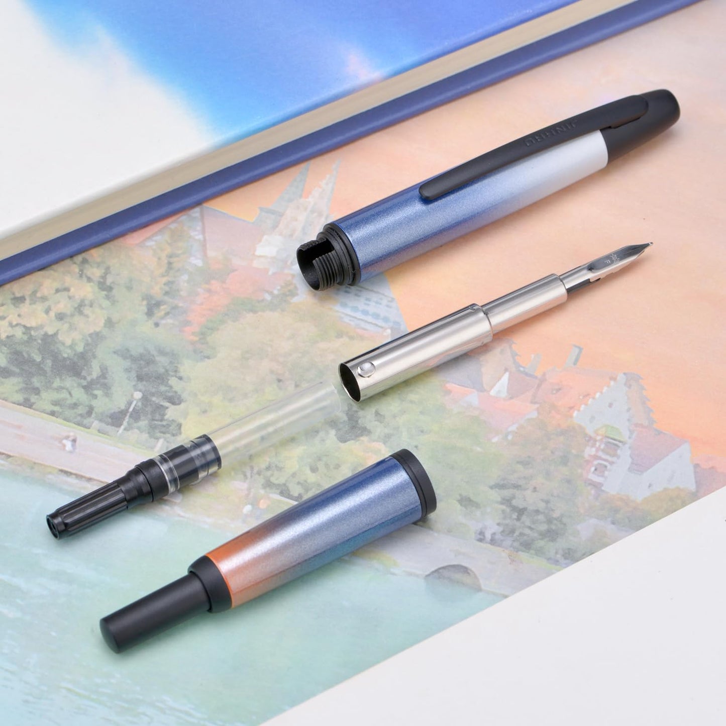 Jinhao 10 Press Fountain Pen with Box, Gradient Dark Blue Retractable Extra Fine Nib with Ink Converter Set (Black Clip)