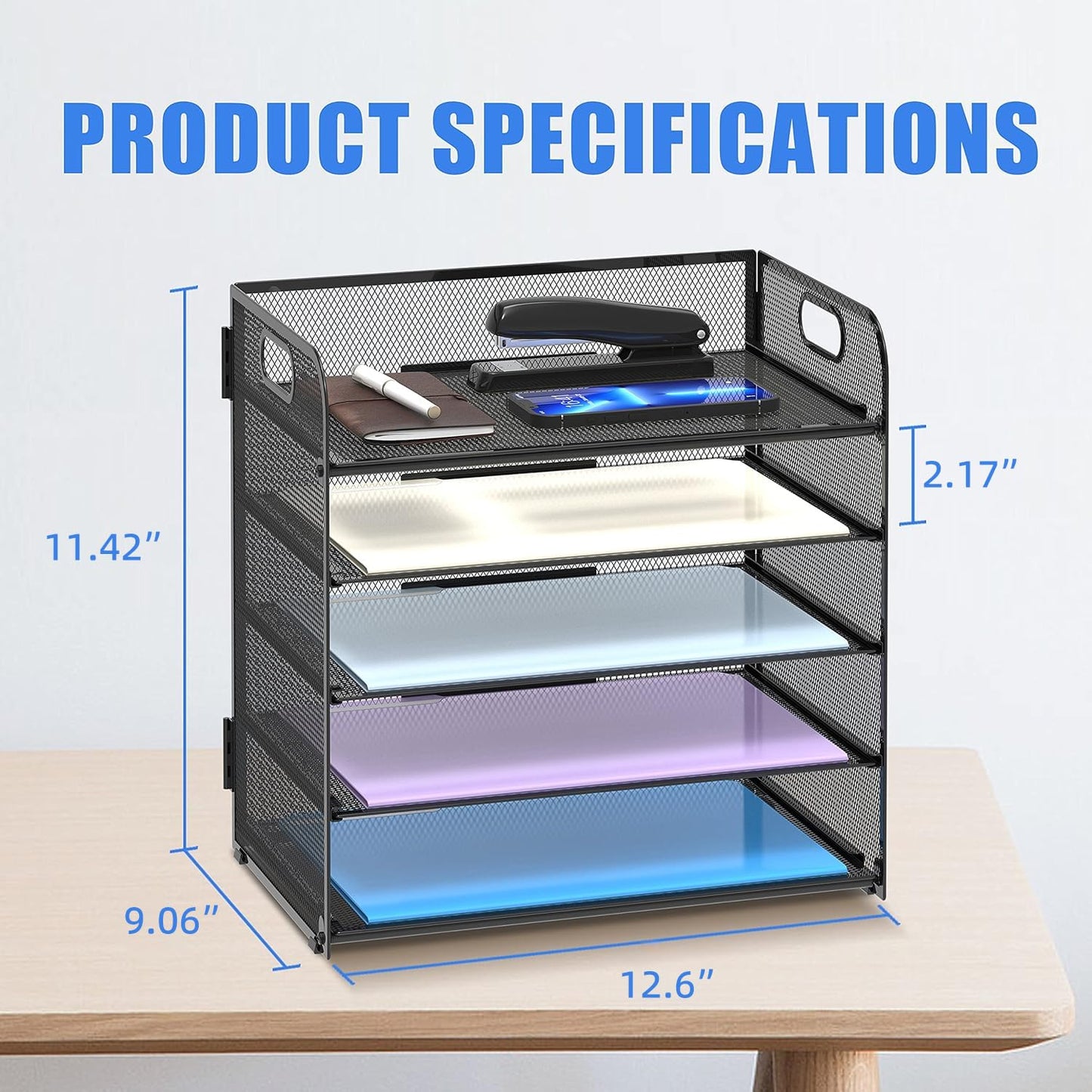 Supeasy 2 Pack 5-Tier Desk Organizer with Handle Mesh Desk File/Paper Organizer Letter Tray for Office, School, Classroom and Home Easy Installation, Black