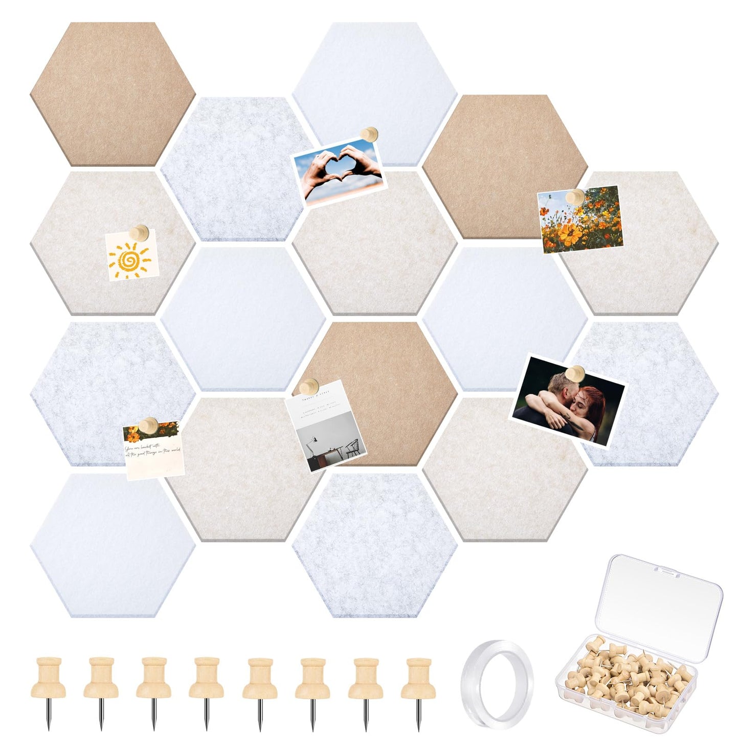 Mindsoft 16 Pcs Hexagon Cork Board for Walls with 50 Wooden Push Pins 12x10 in Felt DIY Tiles Notice with Nano Tape Hanging Bulletin Board for Home Photo Office Memo Note(Retro)