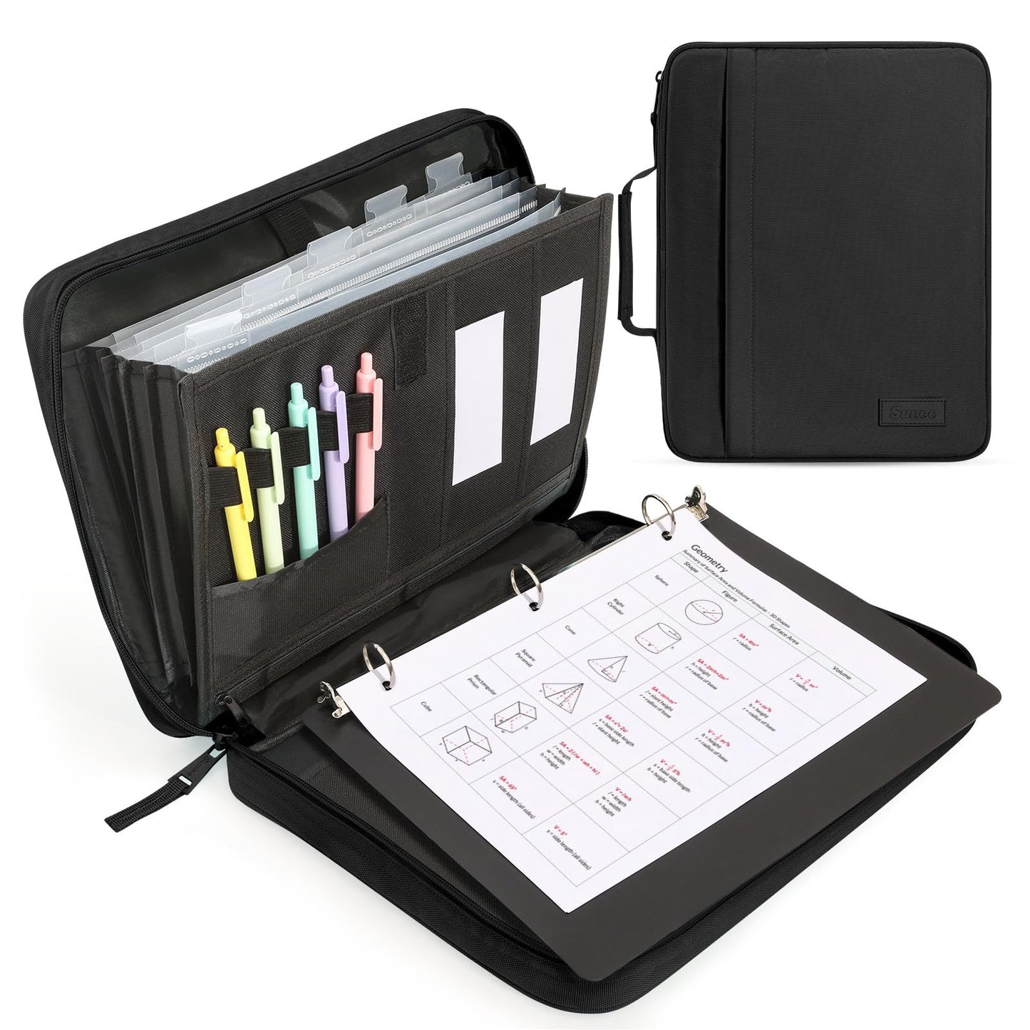 SUNEE Zipper Binder 1 Inch, Removable 3-Ring Binder, 175-Sheet Capacity, 5-Tab Dividers Expanding File Folder, Small Binder Bag Organizer Storage for Student School Classroom Supplies, Black