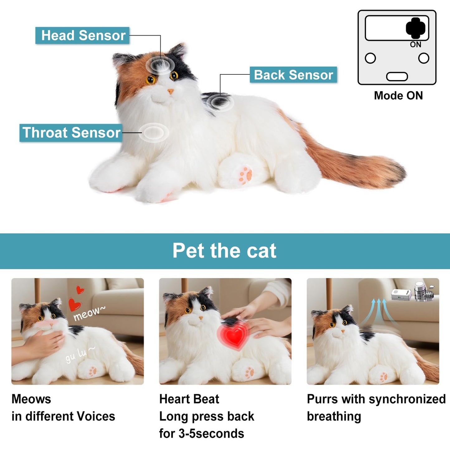 Chongker Interactive Companion Robot Cat, Weighted Breathing Stuffed Animals, Cat Plush Toy with Meow Voice, Breathing, Response, Realistic Heartbeat and Purring (Dark Calico Cat)