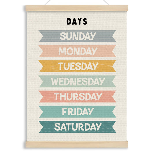 MOTERMATE Days of The Week Wall Art Poster for Kids, Boho Toddler Room Decor, Learning Educational Canvas Poster Hanger Frame for Toddlers Classroom, Kids Playroom Wall Hanging Banner Decor, 12x16Inch