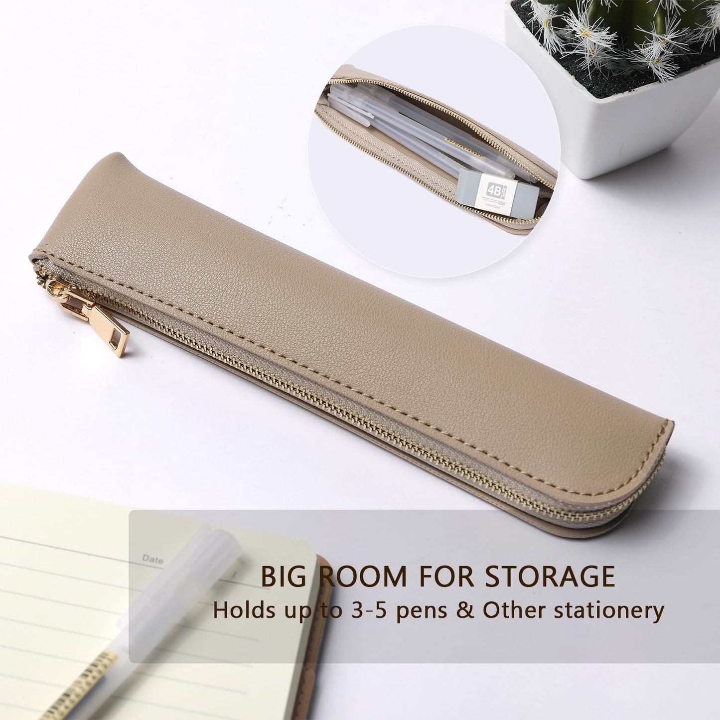 YONBEN Faux Leather Pencil Case Small Pencil Pouch Slim Pen Case Holder Zipper Bag for School Office(Beige,Faux Leather)