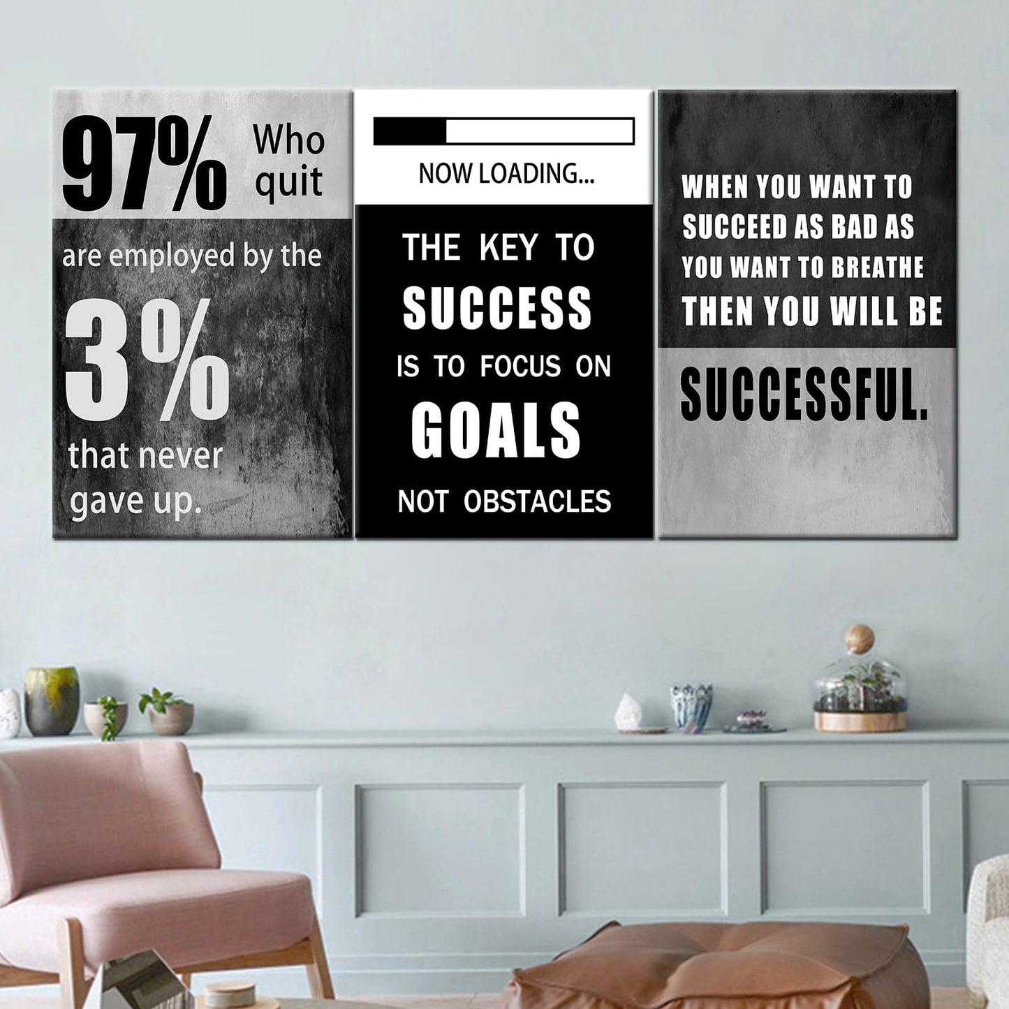 QYHART Motivational Poster Success Inspirational Wall Art Canvas Paintings 3 Piece Picture Artwork Living Room Prints Wall Decor Decoration Wooden Framed Ready to Hang [72''Wx 36''H]