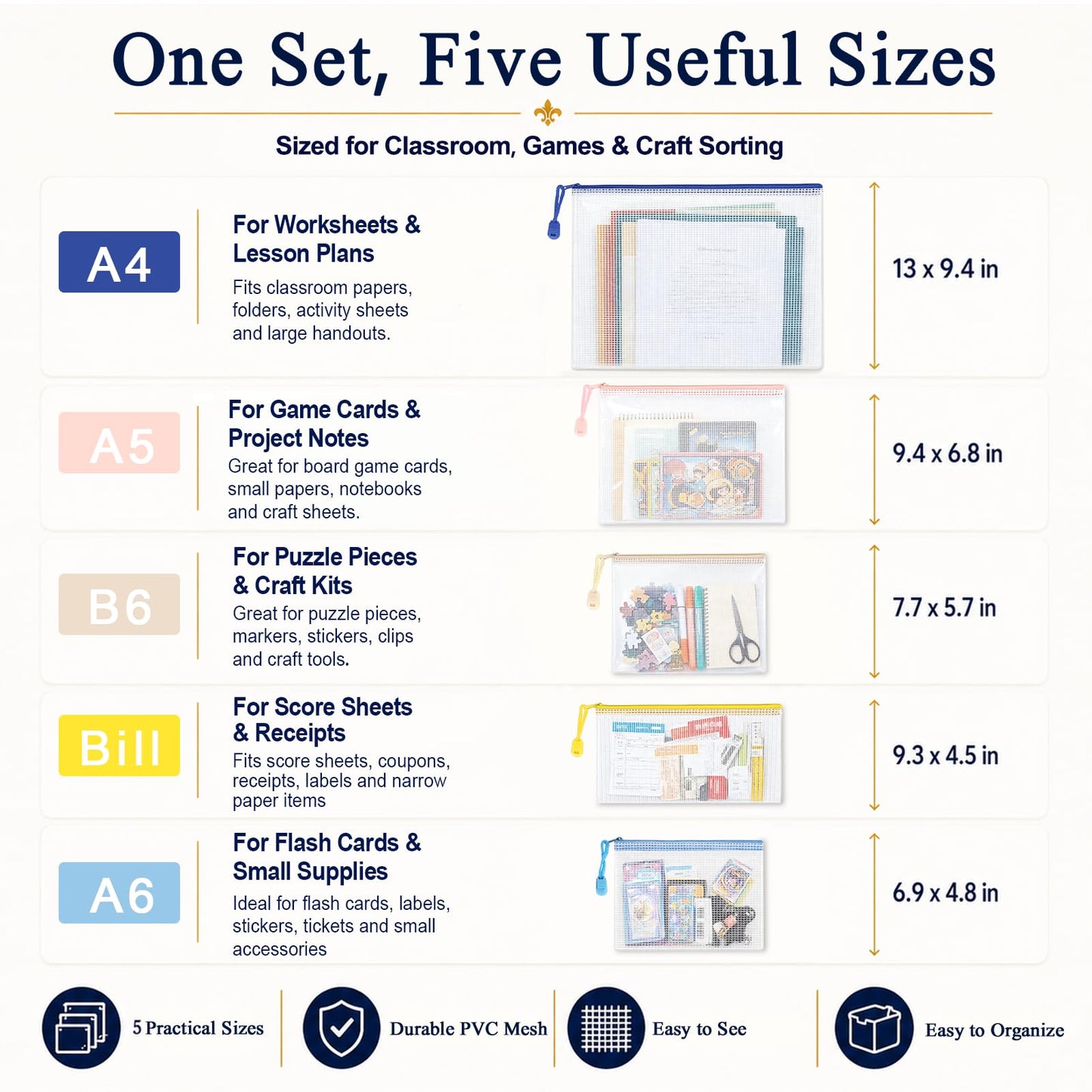ROYPACK 25 Pack PVC Mesh Zipper Pouches with 1 Organizer Bag, 5 Sizes A4 A5 A6 Bill B6, Translucent File Bags for Classroom Puzzle Board Game Craft School Office Storage (26pcs)