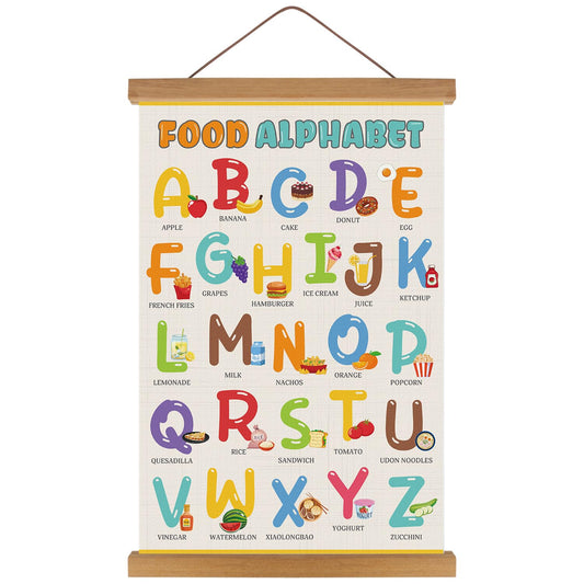 KAIRNE Food Alphabet Wall Decoration,Alphabet Poster,Colorful ABC Art Prints,ABC Canvas With Magnetic Hanger Frame(35”X56”),Educational Chart Wall Art for Toddler Classroom Kids Room Playroom Decor