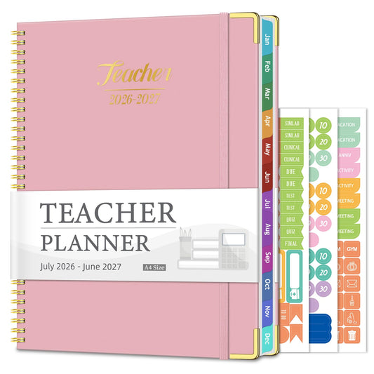 Teacher Planner 2026-2027, Jul 2026-Jun 2027 Academic Year, 8.5" x 11" Lesson Planner Book for Teachers Calendar, Spiral Bound Planners, Colorful Monthly Tabs, Hardcover, Corner Protectors, Stickers - Pink