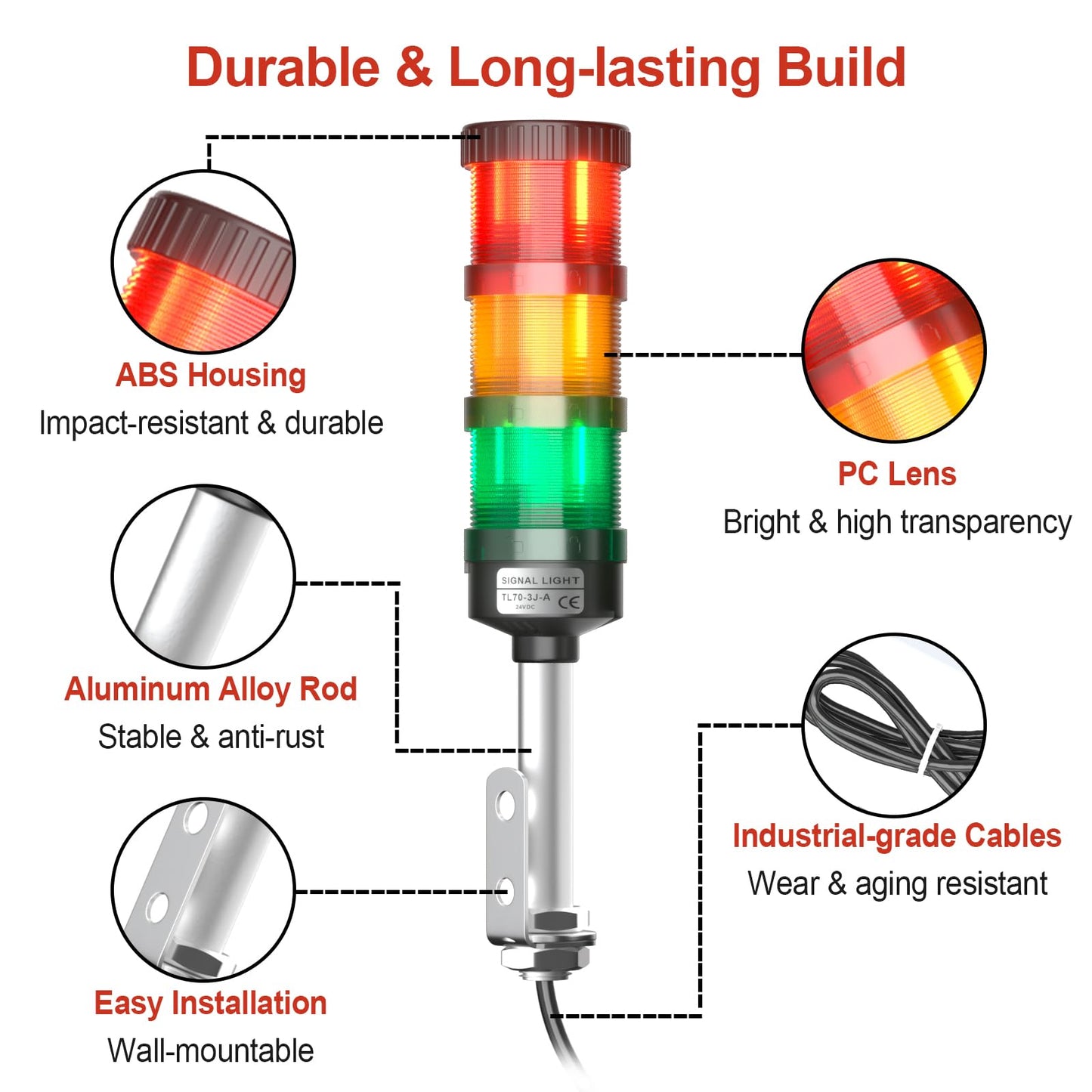 3 Stack Super Bright LED Andon Tower Light with Buzzer, 24VDC Red/Yellow/Green Signal Light, Off-ON, 16.4ft Extension Cord, 9.8ft Power Adapter, Plug Play Ready, for Factory Automation & Safety Alarms