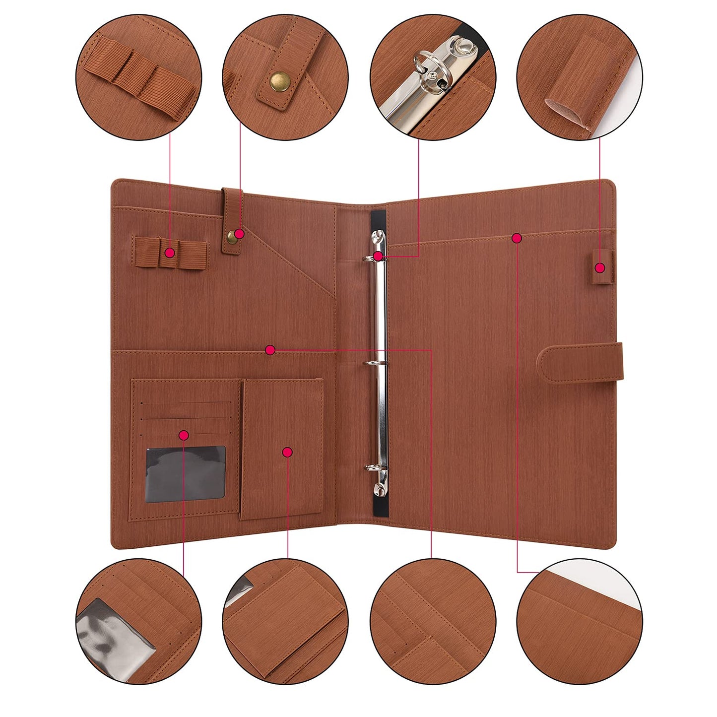 Wonderpool A4 PU Leather Portfolio Holder Ring File Document Case with Removable Binder Clipboard, Multi Pocket and Legal Pad for Business Organizer Interview and Meeting (Brown)