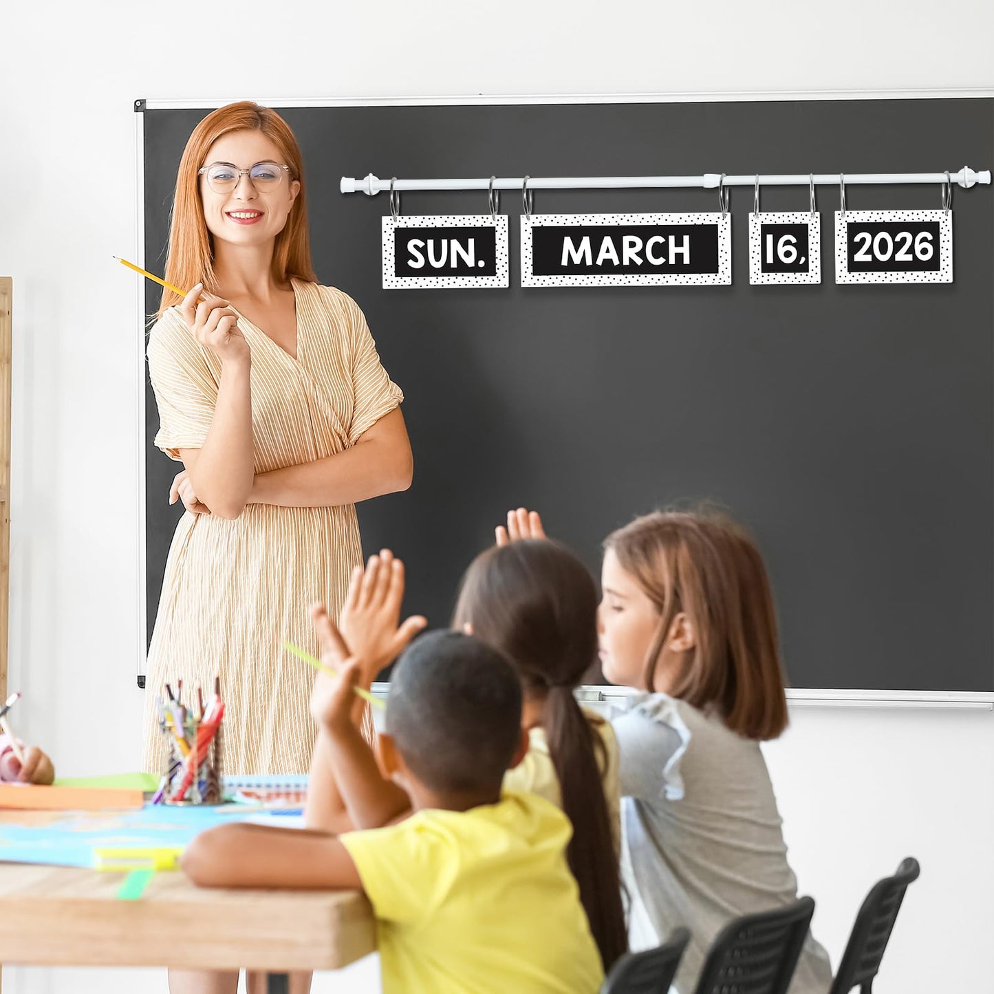 Magnetic Black and White Flip Calendar Bulletin Board Set, 60 Calendar Cards with Adjustable Magnetic Rod, Polka Dot Classroom Calendar Date Cards Set for Class Whiteboard Decor Back to School Teacher Supplies