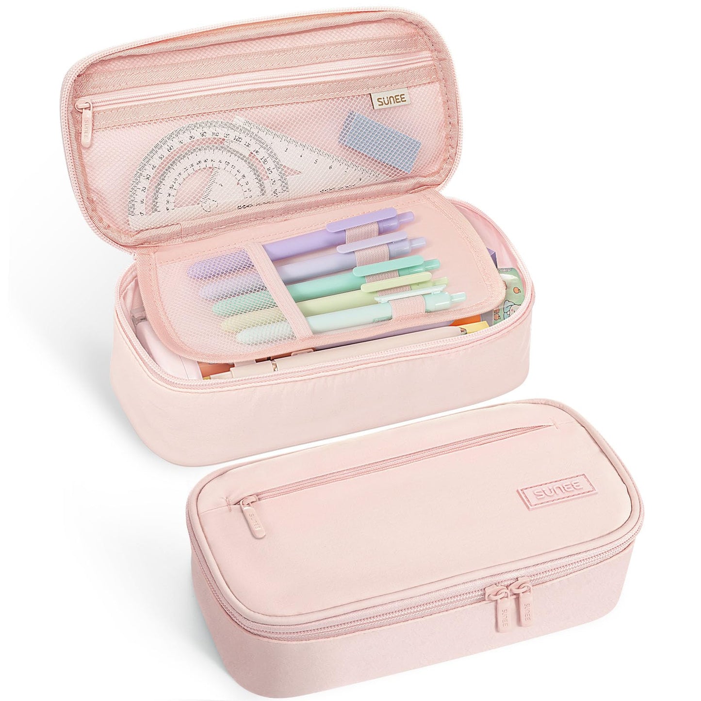 SUNEE Cute Pencil Case, Large Capacity Pencil Pouch, Big Storage Organizer for Stationery, Zipper Pen Bag,Back to School Supplies,Office Water-Repellent Nylon Pencil Bag for Teen Girls Boys,Light Pink