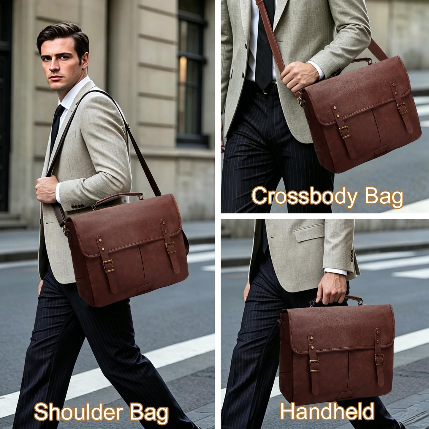 Leather Messenger Bag for Men, 15.6in Laptop Briefcase Vintage Waterproof Laptop Bag Shoulder Bags Satchel Office Bag(Dark Brown)