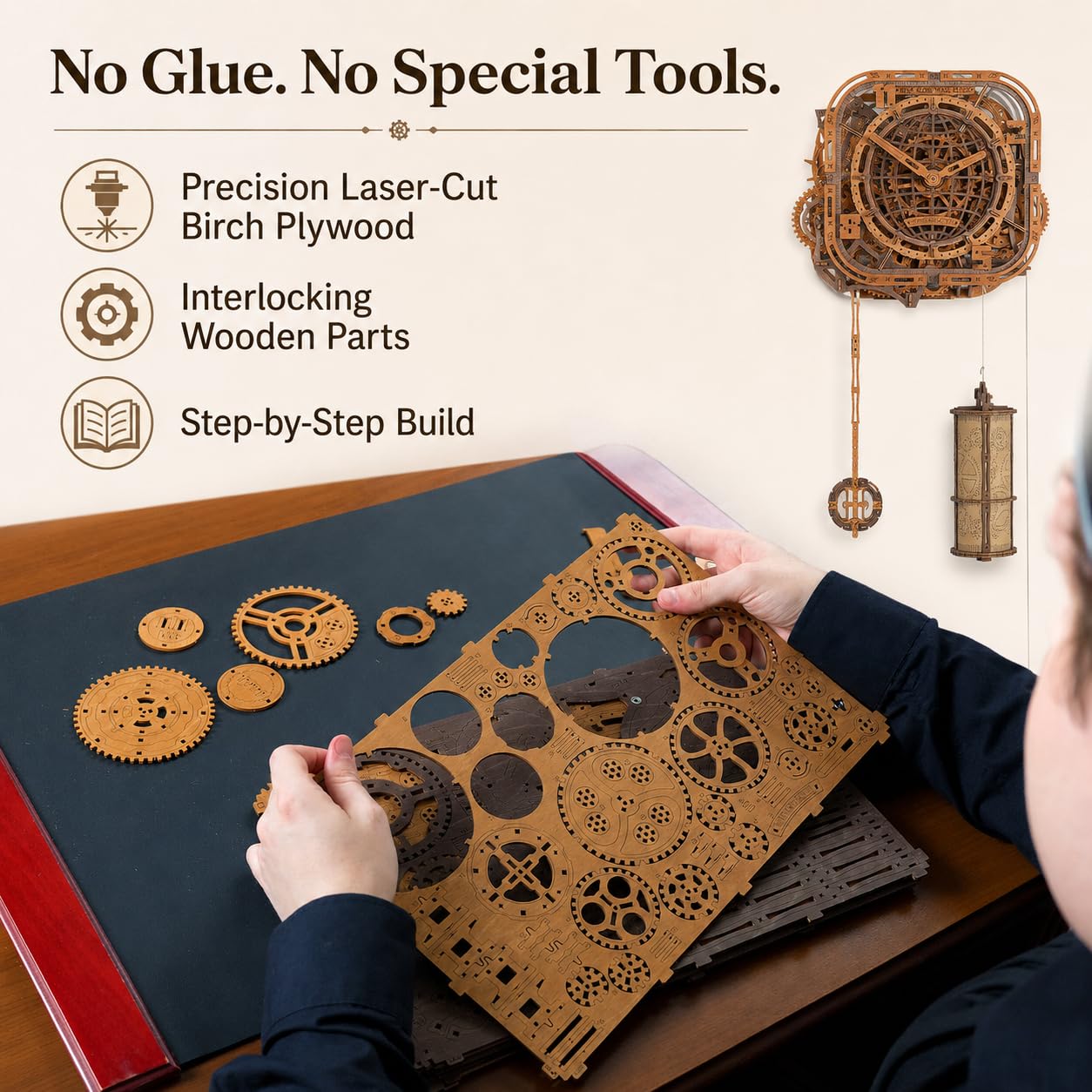 WOODEN.CITY 3D Wooden Puzzle – Gear Globe Wall Clock | Wooden Clock Puzzle Model Building Kit for Adults | 369 Pieces | Mechanical 3D Puzzle Clock | No Glue Required | Made in EU