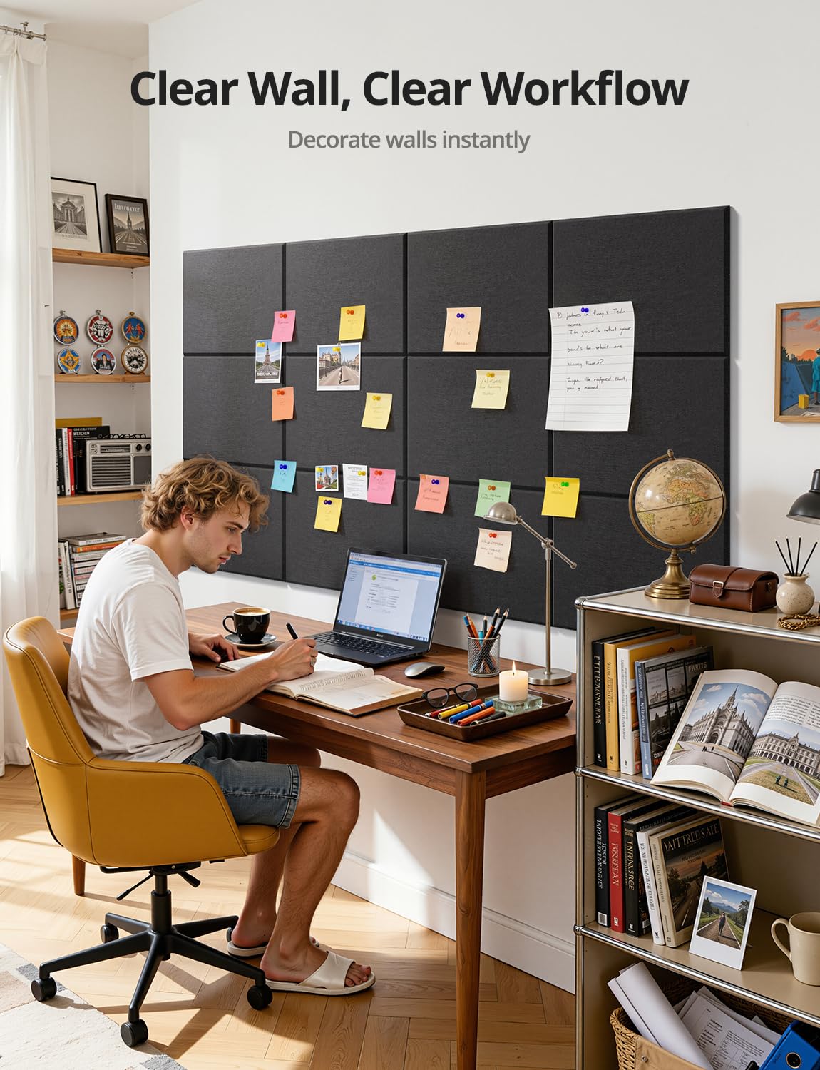 Kuchoow Large Felt Bulletin Cork Board Self-Adhesive Black Pin Wall Tiles, 48'' x 36'' Rectangular Vision Tack Panels for Classroom Office Display 12 Pack Corkboard for Kitchen Bedroom Home Decor