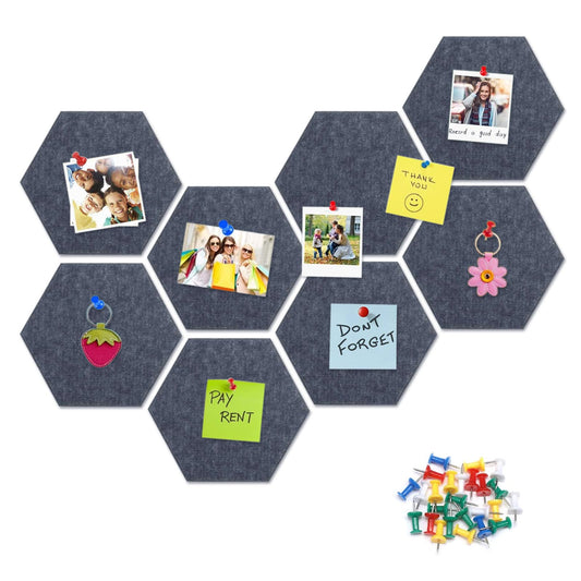 8 Packs Dark Grey Hexagon Felt Pin Board, 12" Bulletin Board with 30 Push Pins, Felt Board for Home Kitchen Office Decor, Self-Adhesive Corkboard Tiles for Walls Message Photos Memos Display