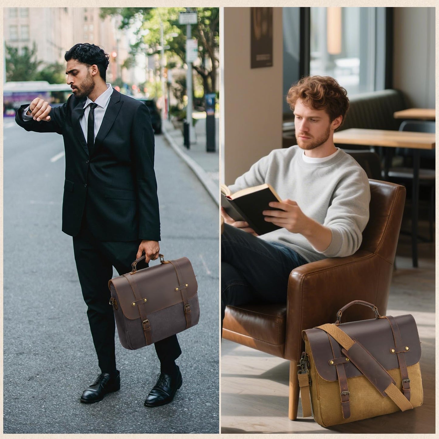 Men's Messenger Bag Waxed Canvas Briefcase 16 Inch, Coffee