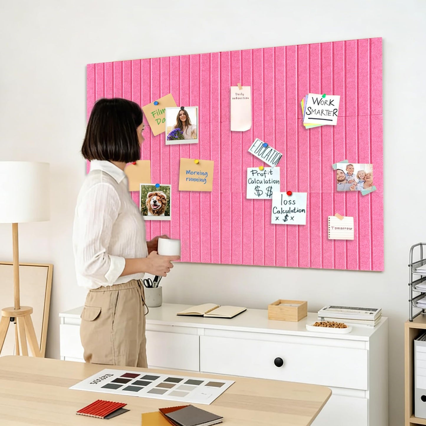 15 Pack Felt Bulletin Board, 35" x 59" Large Pink Pinboard with 30 Push Pins, Felt Pin Board, Self-Adhesive Cork Board Tiles for Home, Office Walls, School Classroom Message Photos Display