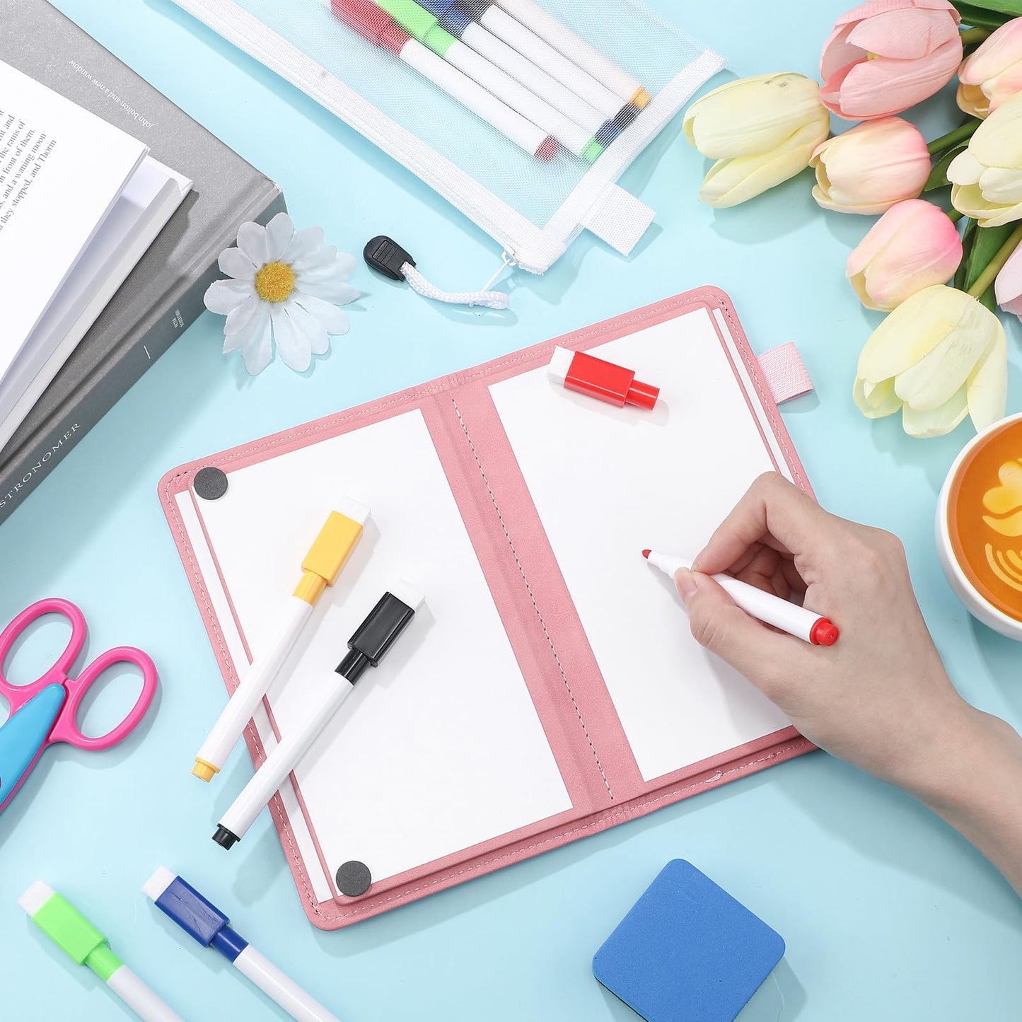 Feifeiya 6 Sides Portable Whiteboard Notebook Dry Erase 7"x4"Foldable Travel White Board, Anti-ghosting Surface, Reusable Erasable Whiteboard Notepad for Office, School, Business Meeting Planning