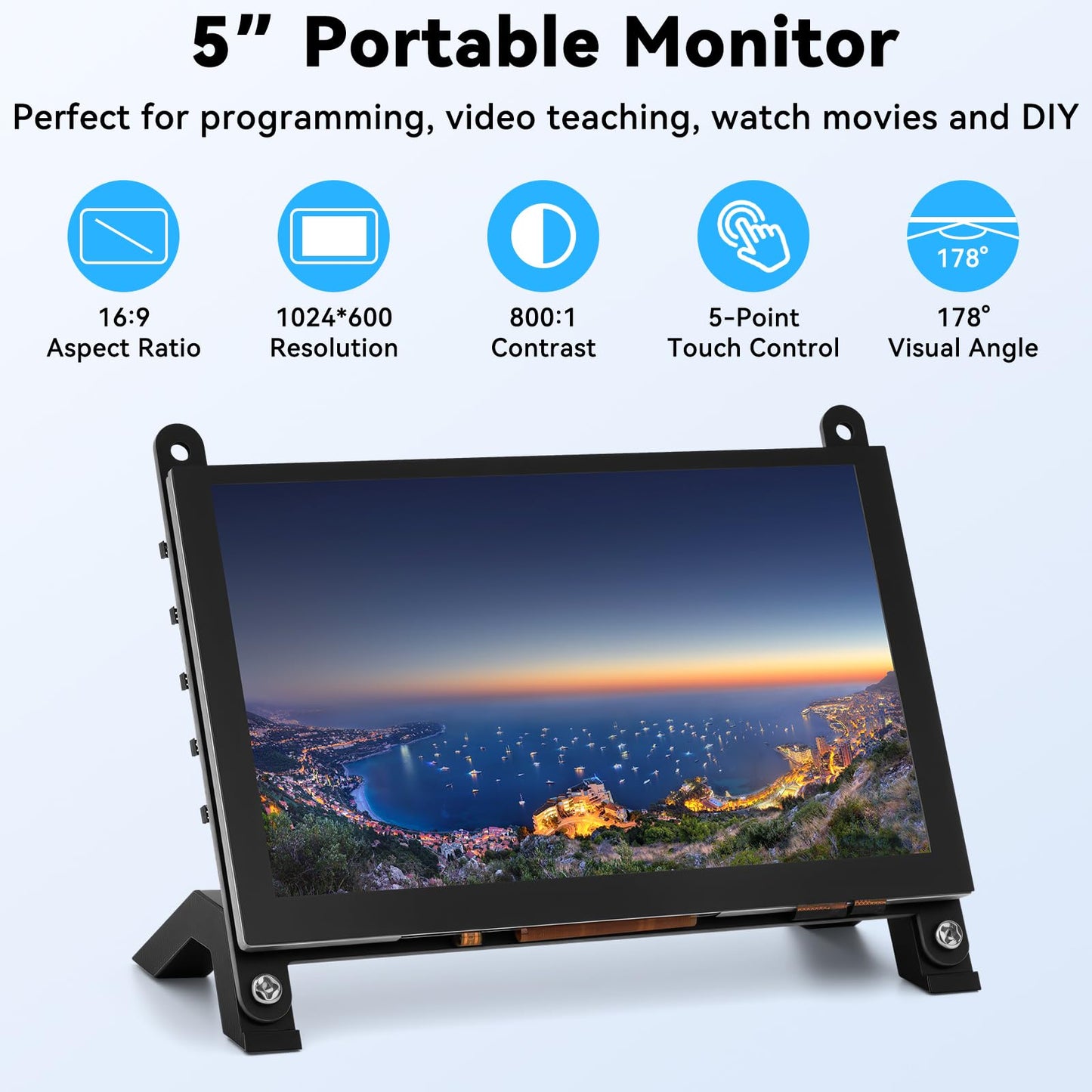 Ransanx 5 Inch Mini Monitor Small Monitor with Capacitive Touch Screen 1024 * 600 High Pixel Display Full View HDMI- IPS Monitors Portable for Raspberry Piscreen 、for BB Black、for Banana Pi etc