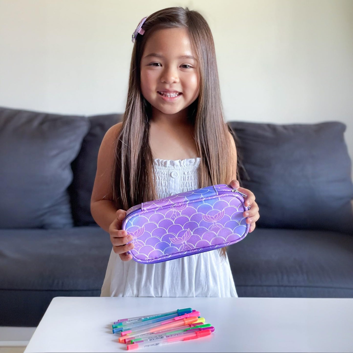mibasies Girls Pencil Case for Kids, Multi-Slot Pencil Pouch, Mermaid Tail Purple
