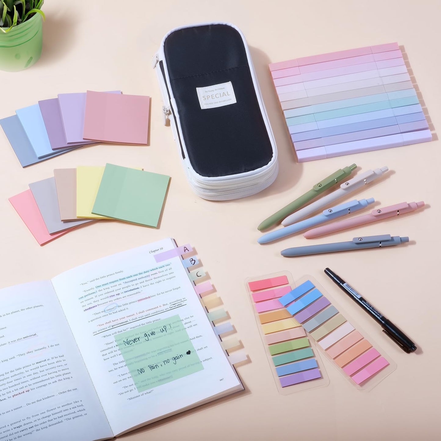 KOUDGY 49Pcs Book Annotation Kit - Aesthetic School Supplies with Cute Pen Case Highlighters Gel Pens and Marker, Sheets Transparent Index Tabs Sticky Notes Bible Study Supplies(Black)