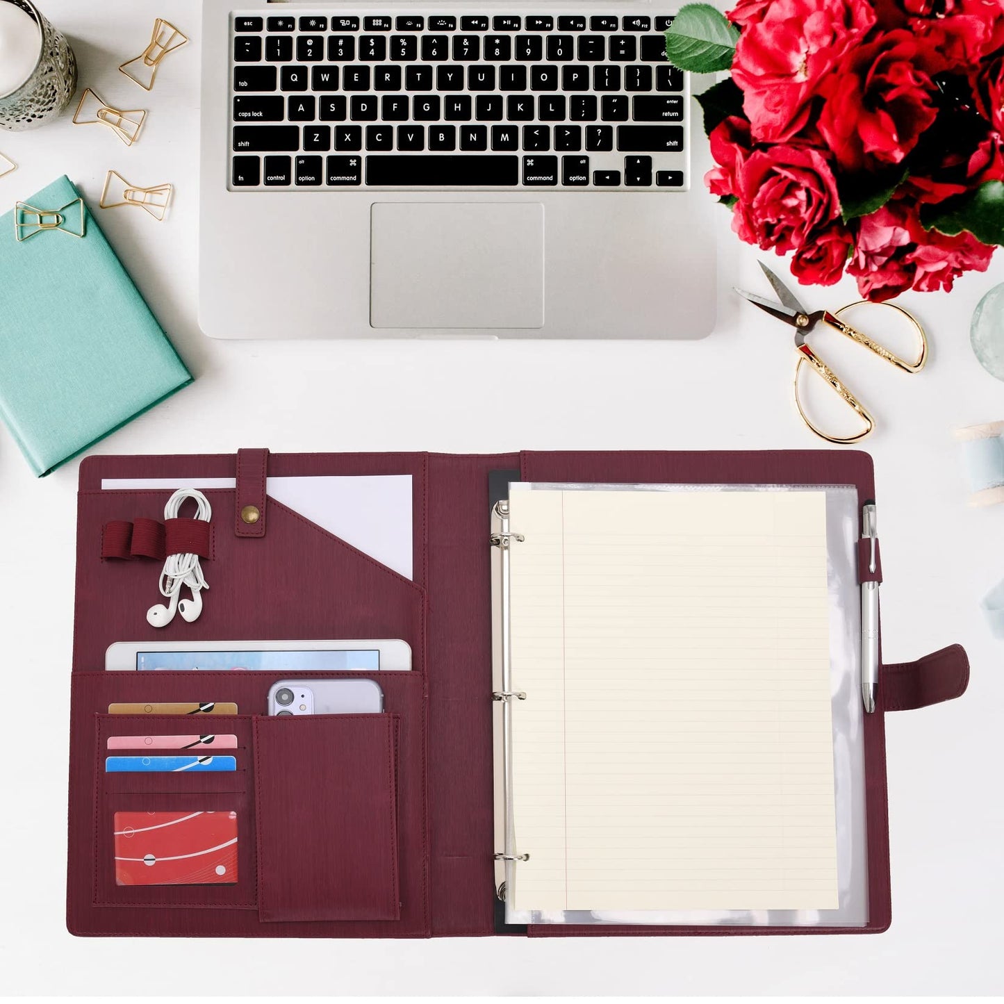 Wonderpool A4 PU Leather Portfolio Holder Ring File Document Case with Removable Binder Clipboard, Multi Pocket and Legal Pad for Business Organizer Interview and Meeting (Wine red)