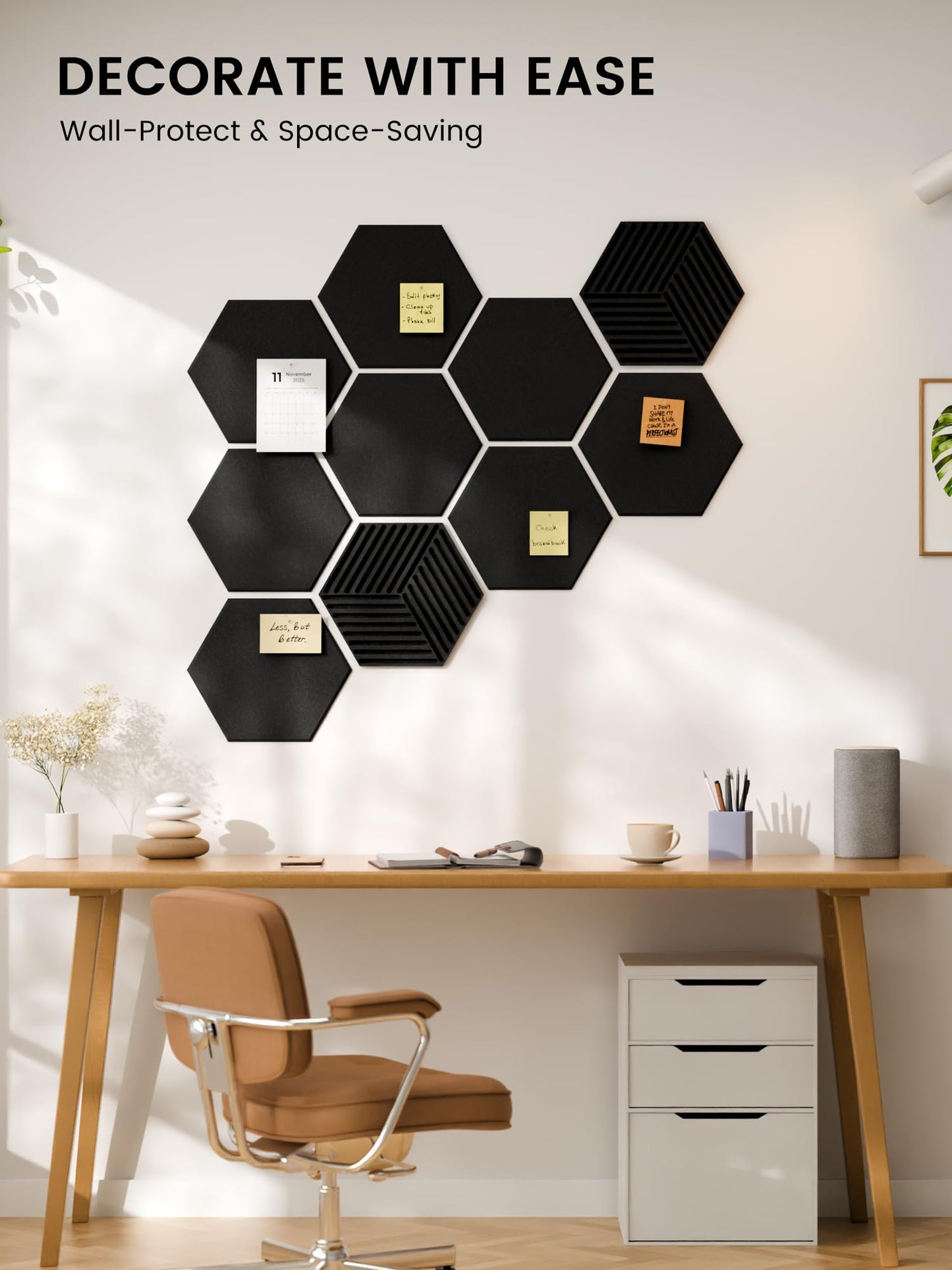 Fluxynara Hexagon Cork Board Alternative for Walls Decor-10-Pack Felt Bulletin Board Tiles,with 30 Pushpins,50 Adhesive Tabs for Office,Classrooms & Home Pin Board Felt Board-Black